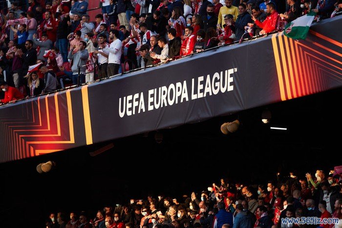 SEVILLE, SPAIN - MARCH 10: The UEFA Europa League logo is seen during the UEFA Europa League Round of 16 Leg One match between Sevilla FC and West Ham United at Estadio Ramon Sanchez Pizjuan on March 10, 2022 in Seville, Spain. (Photo by Fran Santiago/Getty Images)